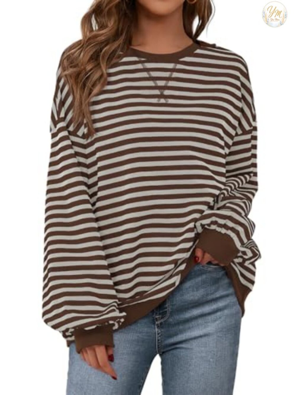Womens Striped Oversized Crewneck Sweatshirt Cotton Blend Loose Fit Fall